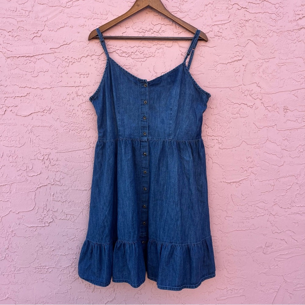Universal Thread Dress Denim Button Front Spaghetti Strap Cotton Ruffle Size XL